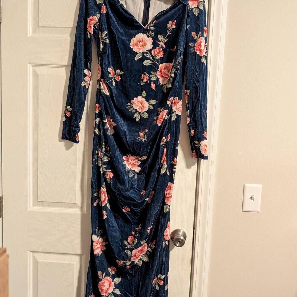Navy blue velvet maxi dress with pink and peach floral print